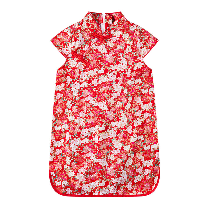 A10 Red Cheongsam Dress w White n Pink Plum Blossoms Flowers - quixoticmuses