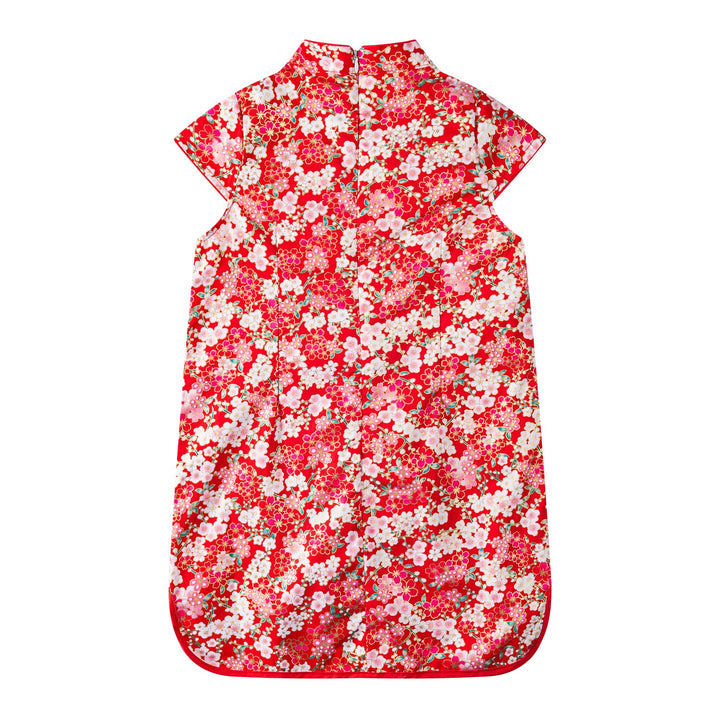 A10 Red Cheongsam Dress w White n Pink Plum Blossoms Flowers - quixoticmuses