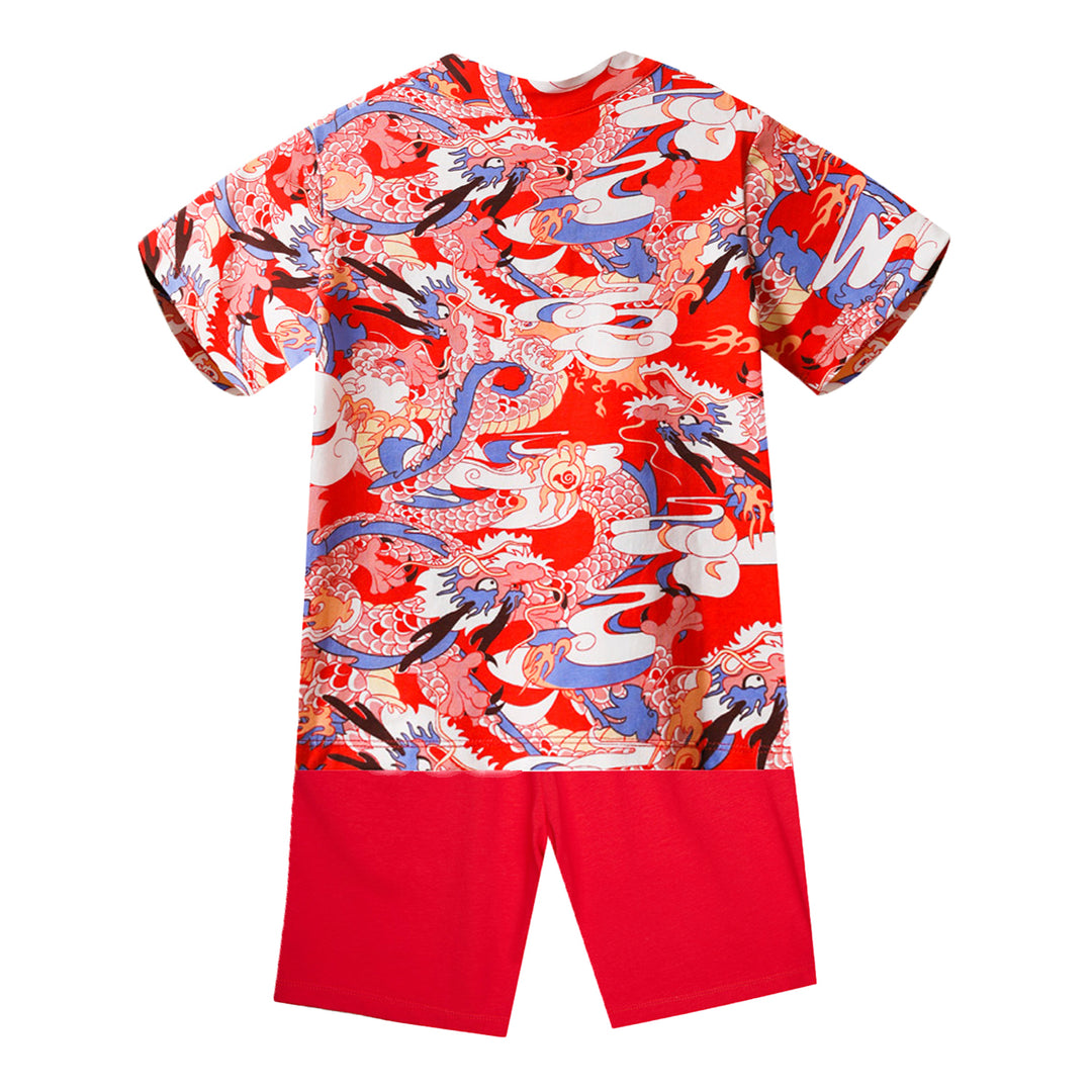 Baby Kids Boys Blue n Red Cheongsam Set Dragon Prints Top n Shorts CNY Chinese New Year Outfit - quixoticmuses