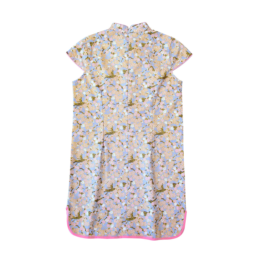 Baby Kids Girl Blue Cheongsam Dress w Pink n White Plum Blossoms Flowers - quixoticmuses