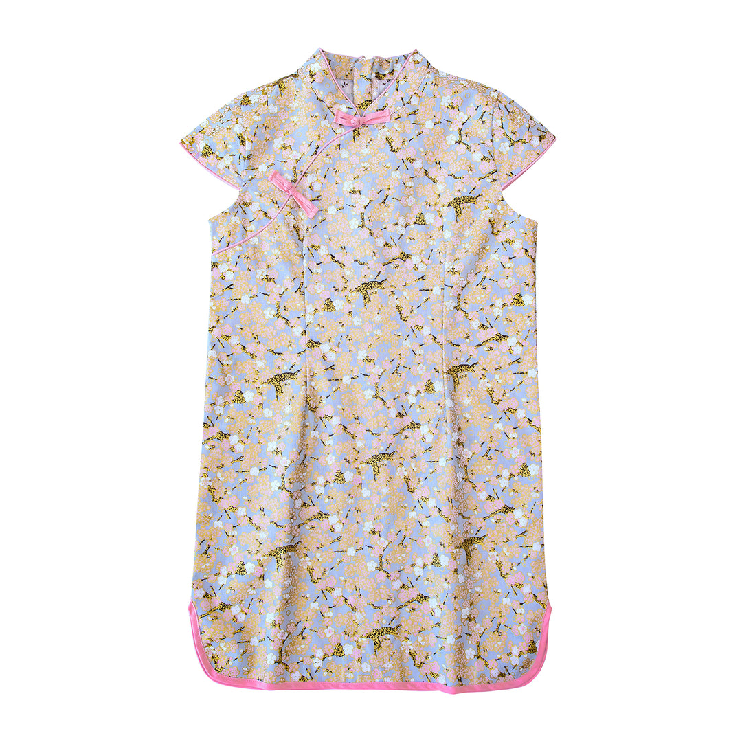 Baby Kids Girl Blue Cheongsam Dress w Pink n White Plum Blossoms Flowers - quixoticmuses