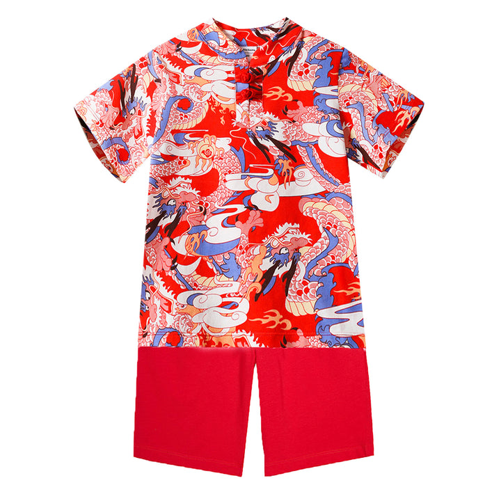 Baby Kids Boys Blue n Red Cheongsam Set Dragon Prints Top n Shorts CNY Chinese New Year Outfit - quixoticmuses