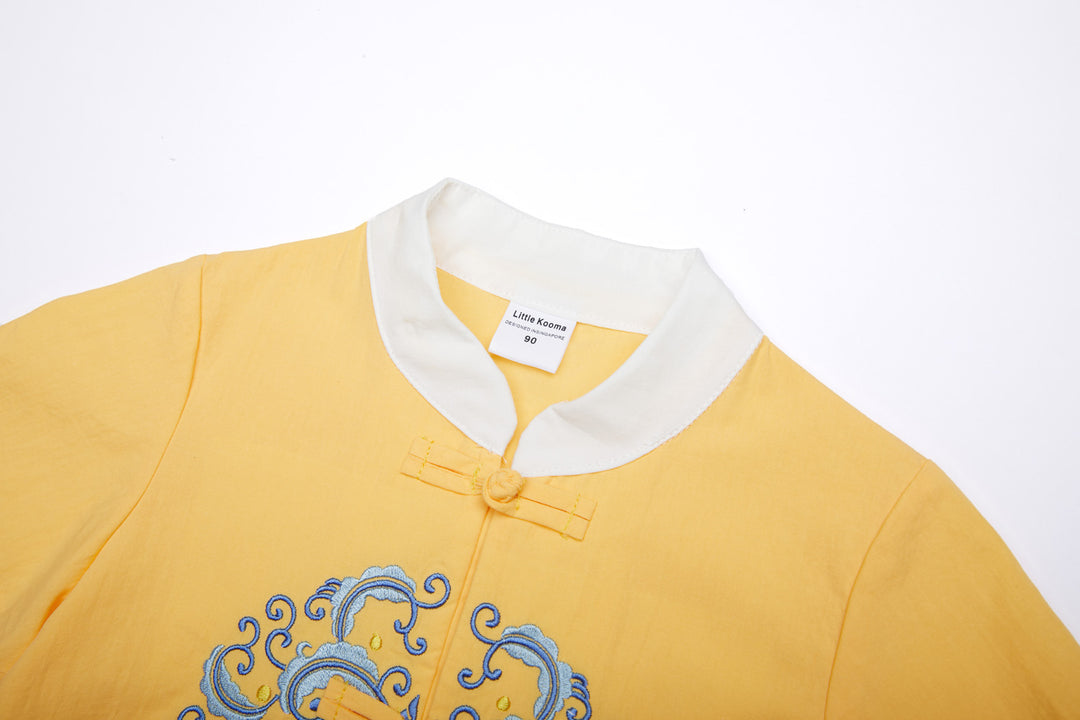 Baby Kids Boys Chinese Character Fu Cheongsam Set Yellow Top n Blue Shorts CNY Chinese New Year Outfit - quixoticmuses