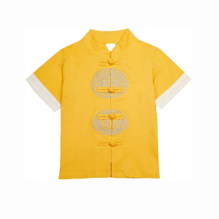 Baby Kids Boys Chinese Character Fu n Xi Yellow Cheongsam Set Top n Shorts CNY Chinese New Year Outfit - quixoticmuses